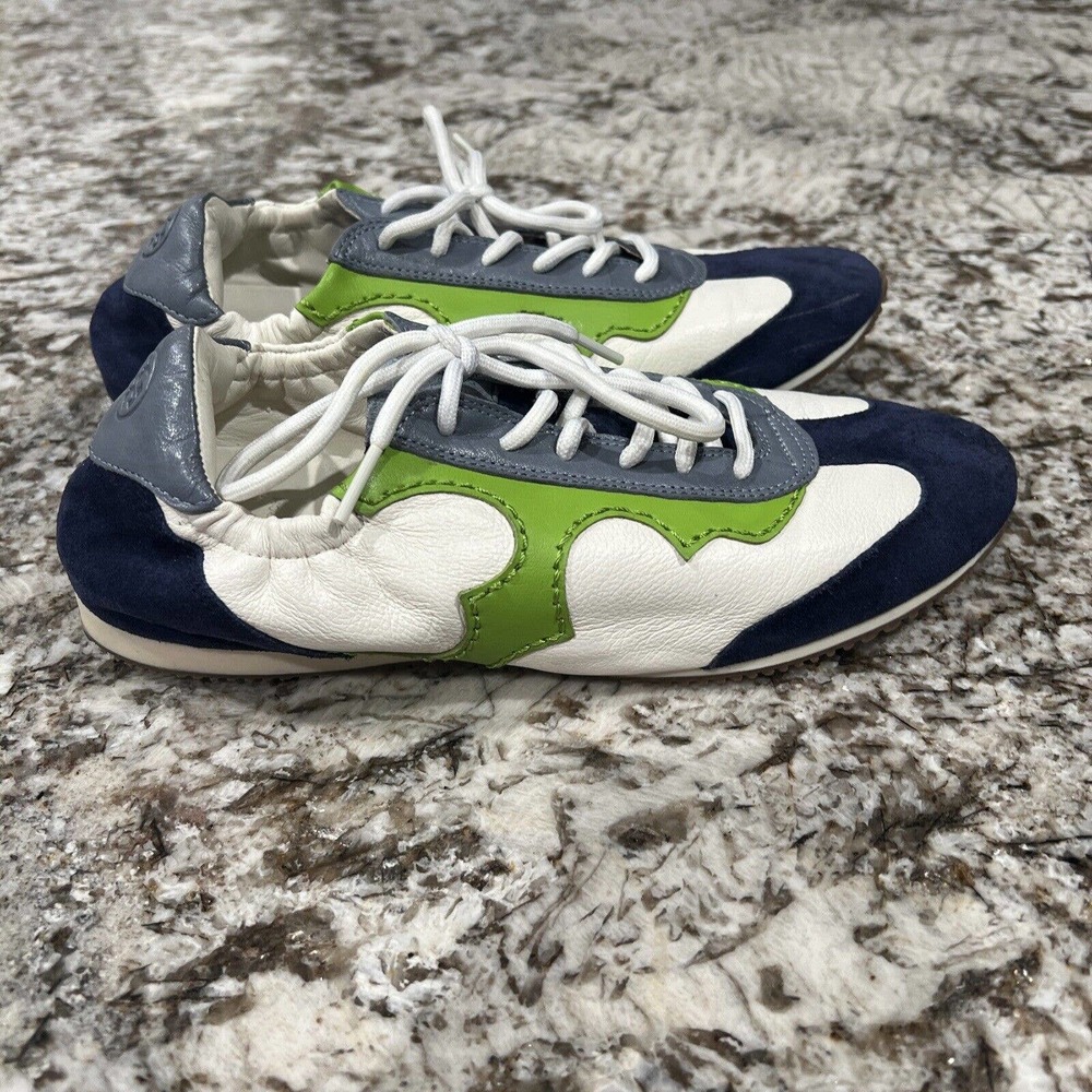 Tory Burch Women's Tory Serif Leather Sneaker in Lovely New Ivory / Green 7.5